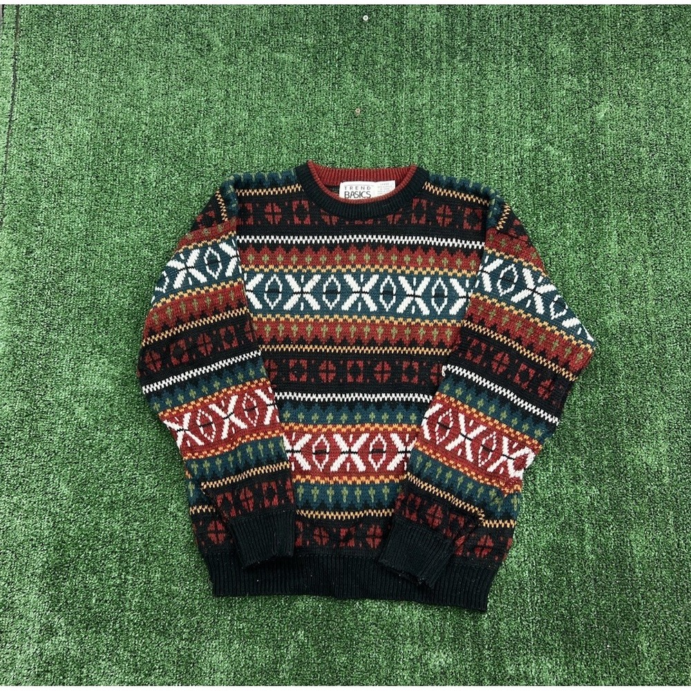Vintage 90s Trend Basics Crewneck Sweater Acrylic Geometric Striped Large L VTG